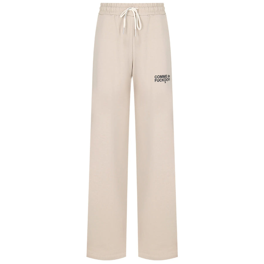 Comme Des Fuckdown – Cotton Palazzo Pants in Beige – Front flat lay with drawstring and logo