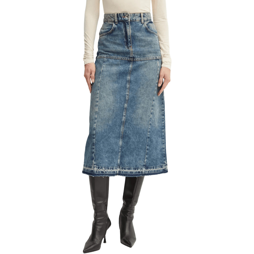 Patrizia Pepe – blue denim skirt – front view worn with black knee-high boots