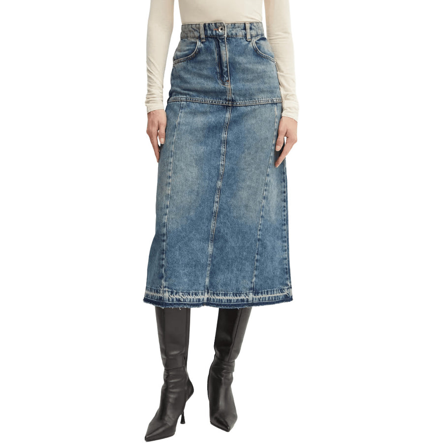 Patrizia Pepe – blue denim skirt – front view worn with black knee-high boots