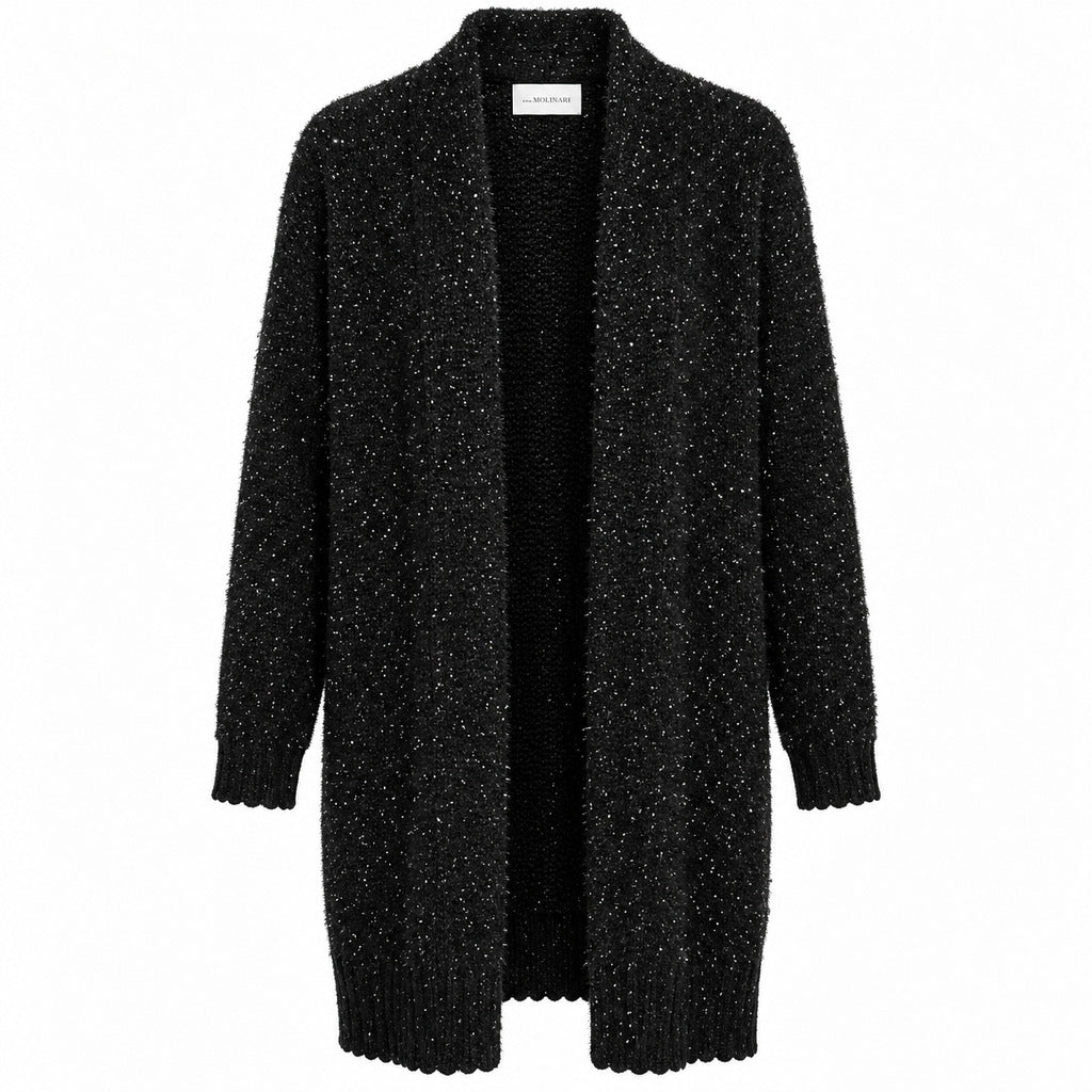 Anna Molinari – long black bouclé cardigan – front packshot showing textured knit and collar label