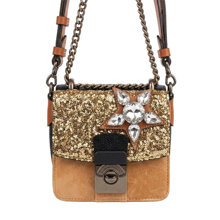 Maison Margiela – New Lock Square crossbody bag – front view, gold sequins and jeweled star