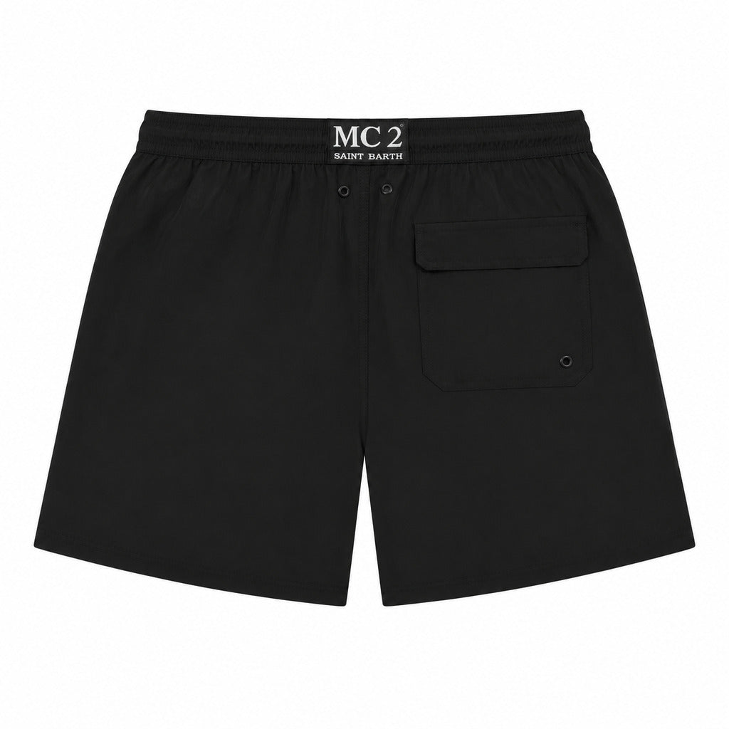 Mc2 Saint Barth – black swim trunks – back flat lay showing logo and flap pocket
