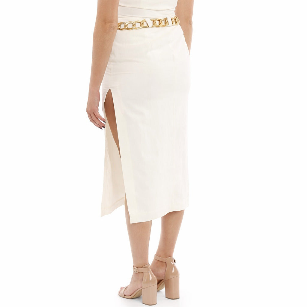 Patrizia Pepe – white linen skirt – rear angle showing the side slit and chain belt