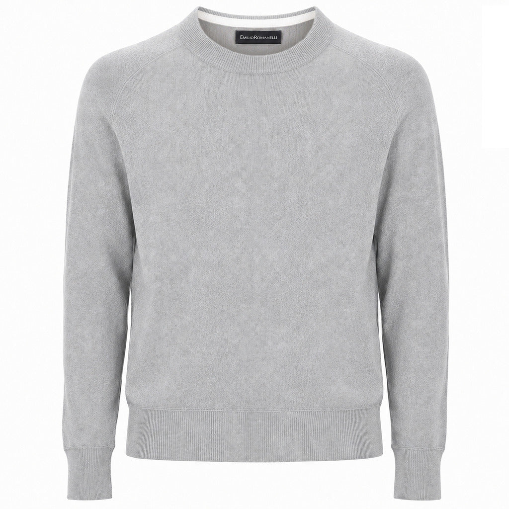 Emilio Romanelli – grey cashmere crewneck sweater – front view with ribbed neckline