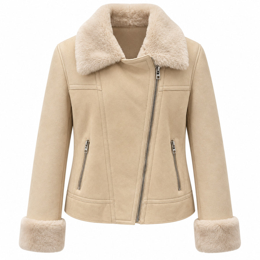 Dolce & Gabbana – Beige fur-trimmed jacket – Front packshot with asymmetrical zip and plush collar