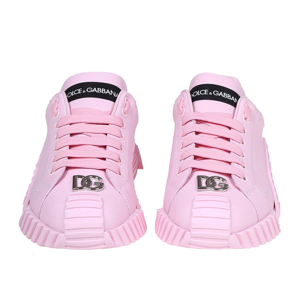 Dolce & Gabbana – pink calfskin sneakers – front view showing laces and metal logos