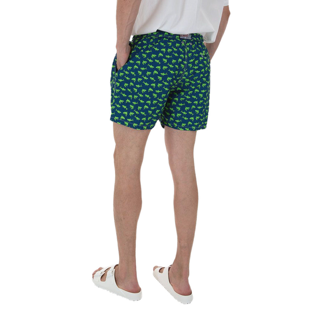Mc2 Saint Barth – blue shark-print swim shorts – worn rear view showing back pockets