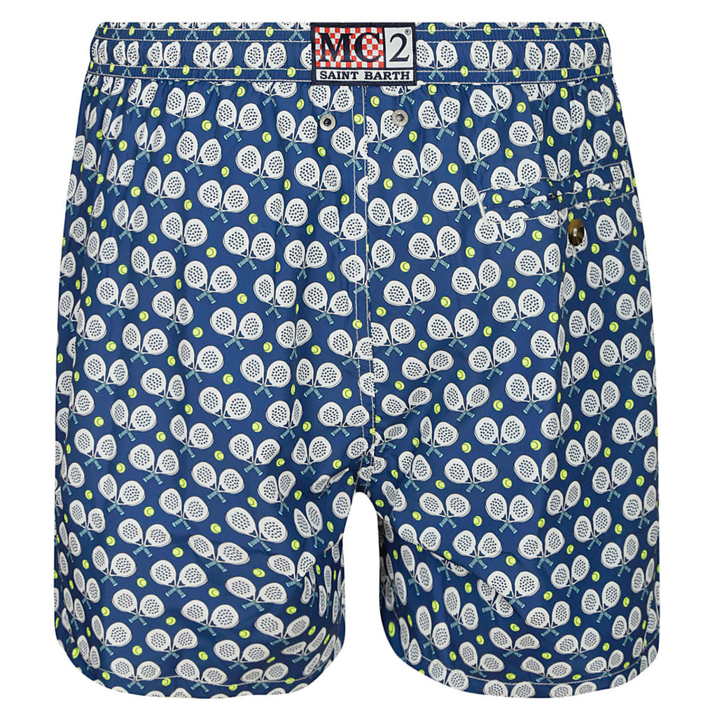 Mc2 Saint Barth – blue padel print swim shorts – back flat view showing waistband label and pocket