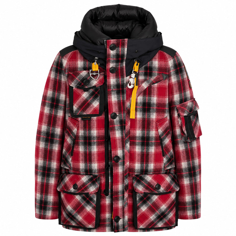 Parajumpers – red tartan Musher jacket – front packshot with black hood and flap pockets