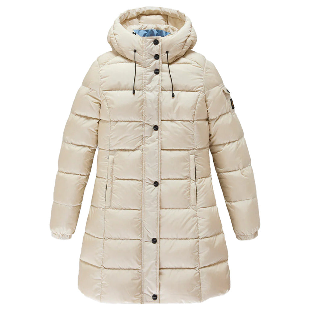 Refrigiwear – Lady Long Hunter Down Jacket in Nylon – cream front view with hood