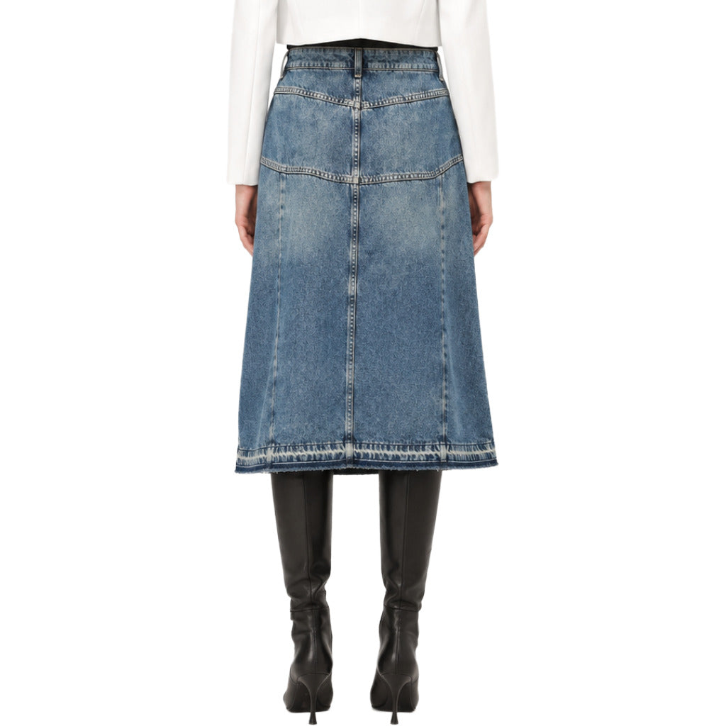 Patrizia Pepe – blue denim skirt – back view showing seams and worn hem