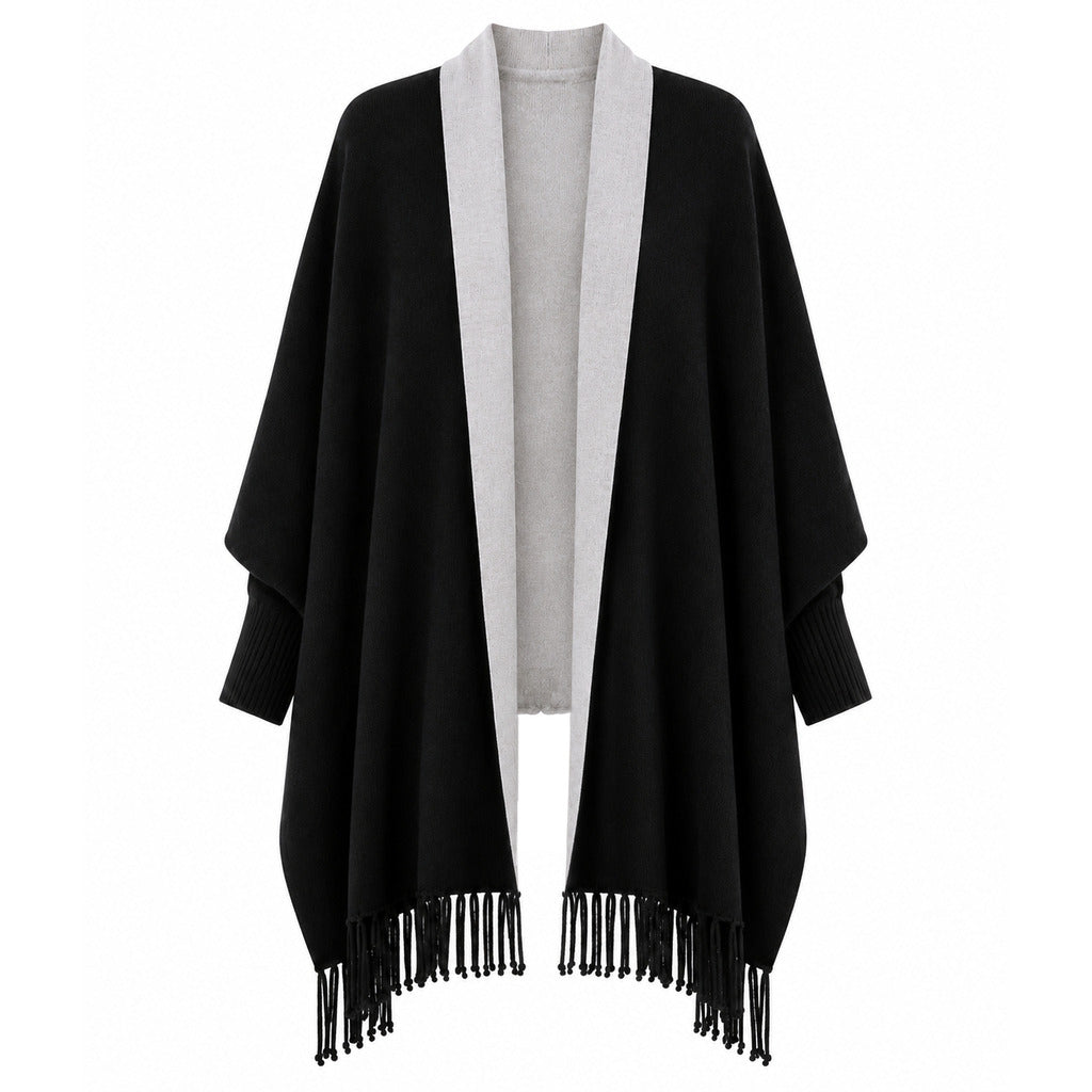 Alpha Studio – wool-cashmere poncho in black with grey trim – front packshot with fringed hem
