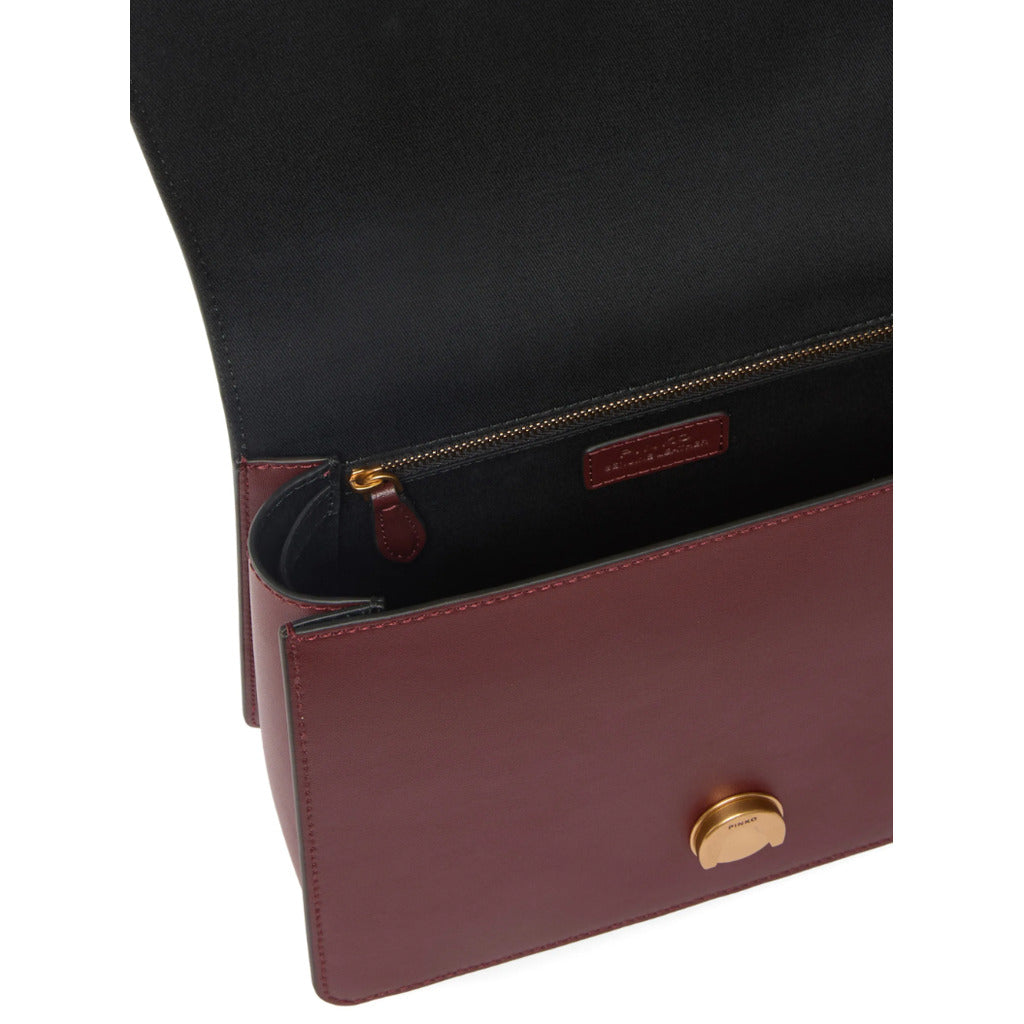 Pinko – Love One top-handle handbag in burgundy – open interior with black lining and zip pocket