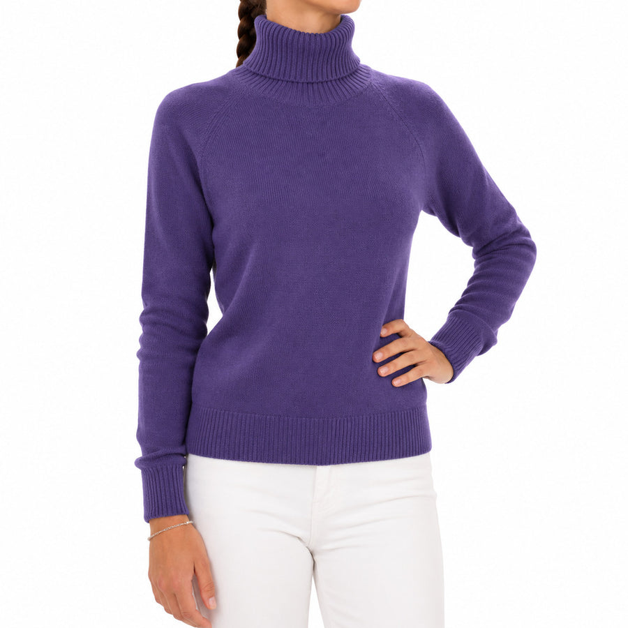 Emilio Romanelli – purple cashmere turtleneck sweater – front view worn with ribbed collar and cuffs