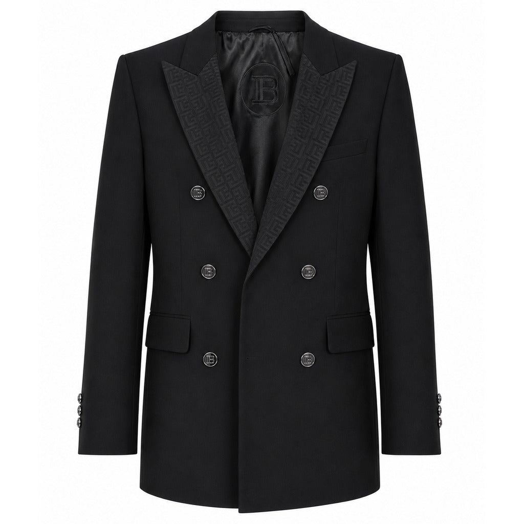 Balmain – black double-breasted formal jacket – front view with patterned lapels and logo buttons