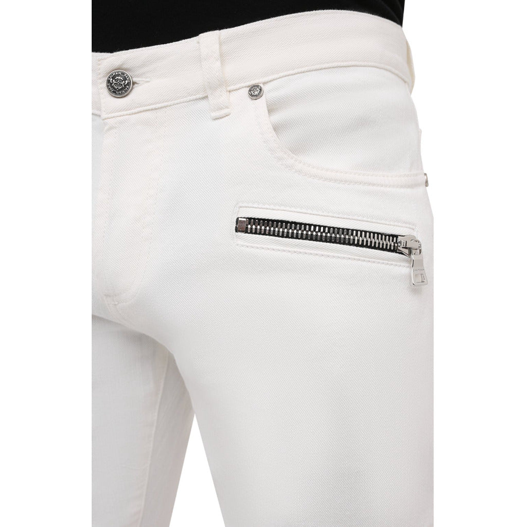 Balmain – white slim-fit jeans – close-up of silver zip pocket and waistband