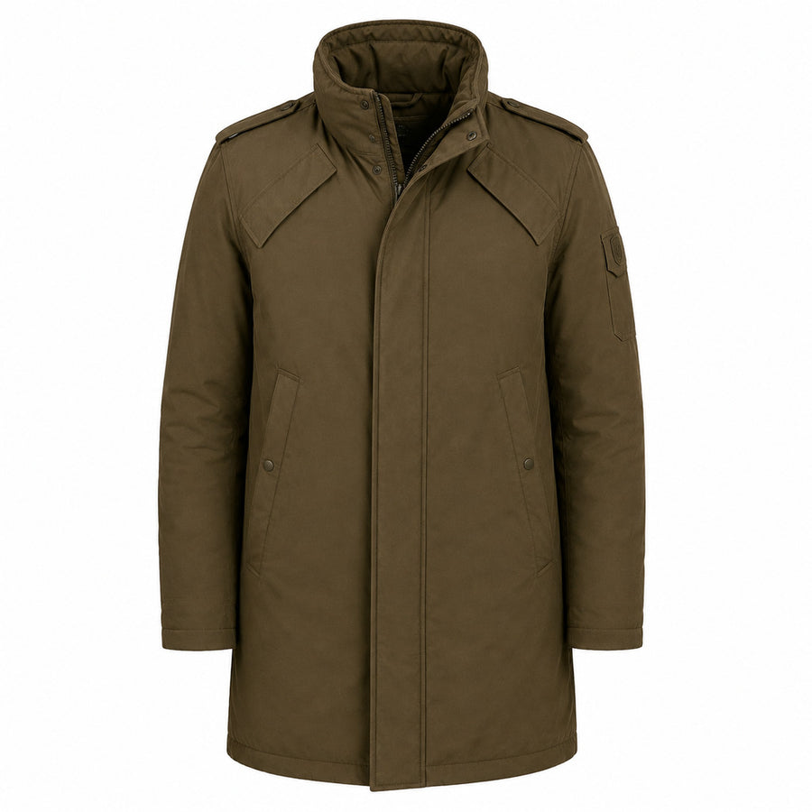 Moose Knuckles – green long jacket – front packshot with raised collar and flap pockets