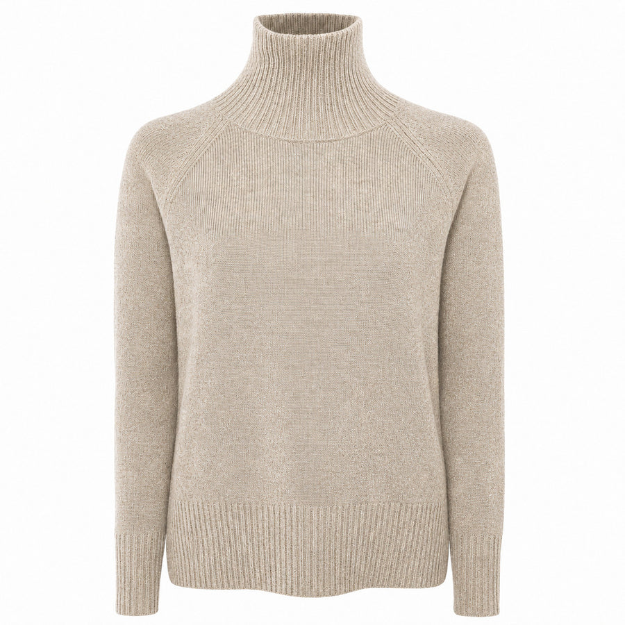 Emilio Romanelli – sand cashmere turtleneck sweater – front packshot with ribbed collar and cuffs
