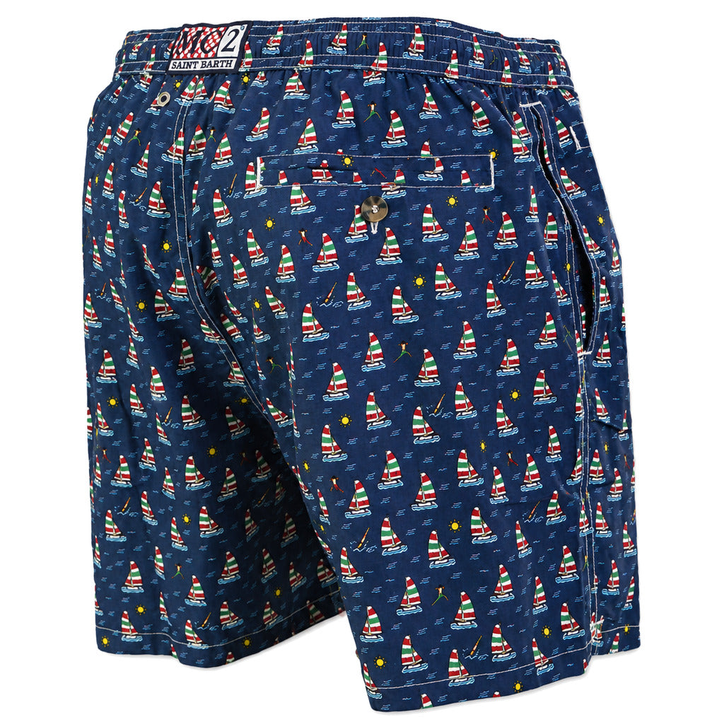 Mc2 Saint Barth – blue sailboat-print swim trunks – rear view showing buttoned pocket