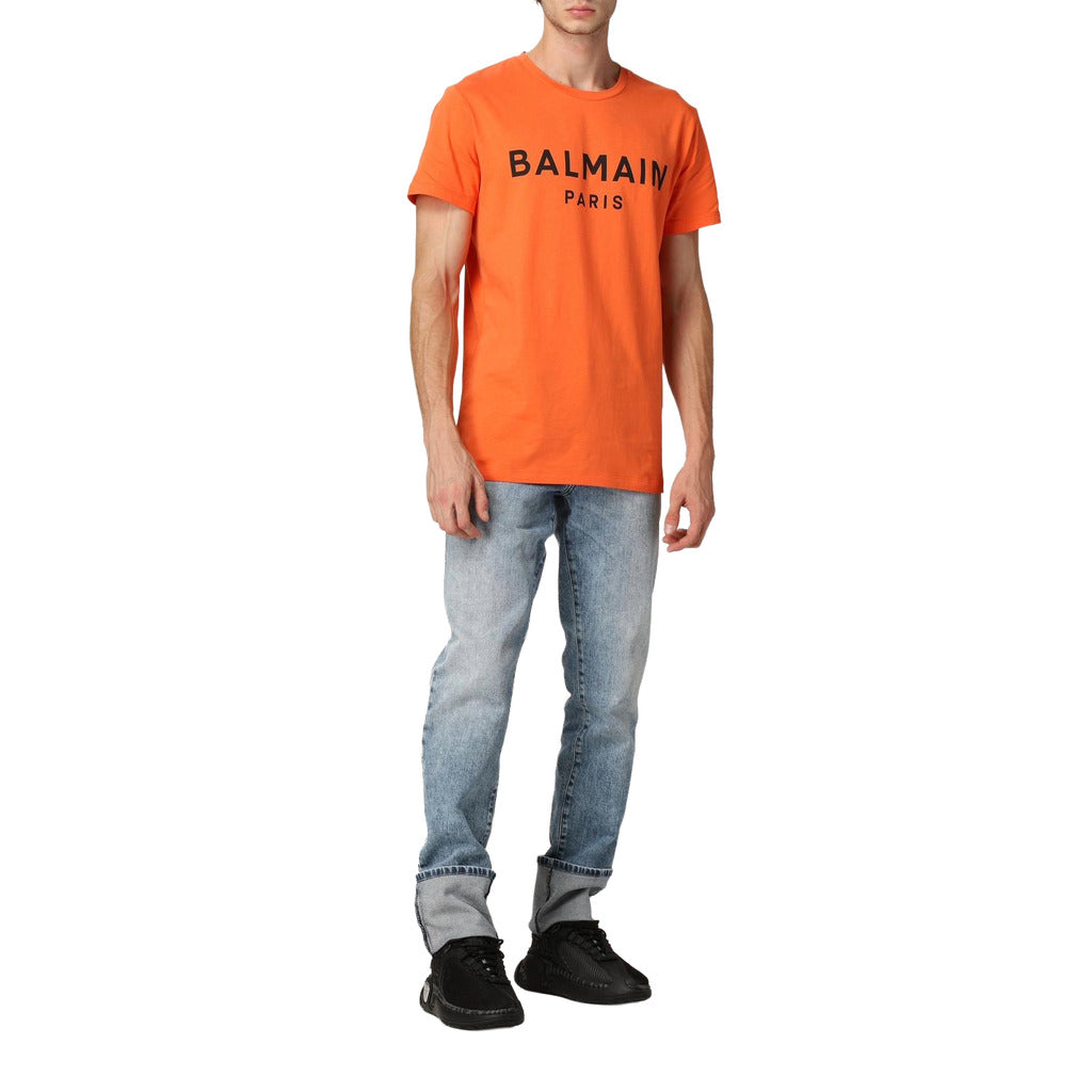 Balmain – orange short-sleeve T-shirt – full-length front view with logo