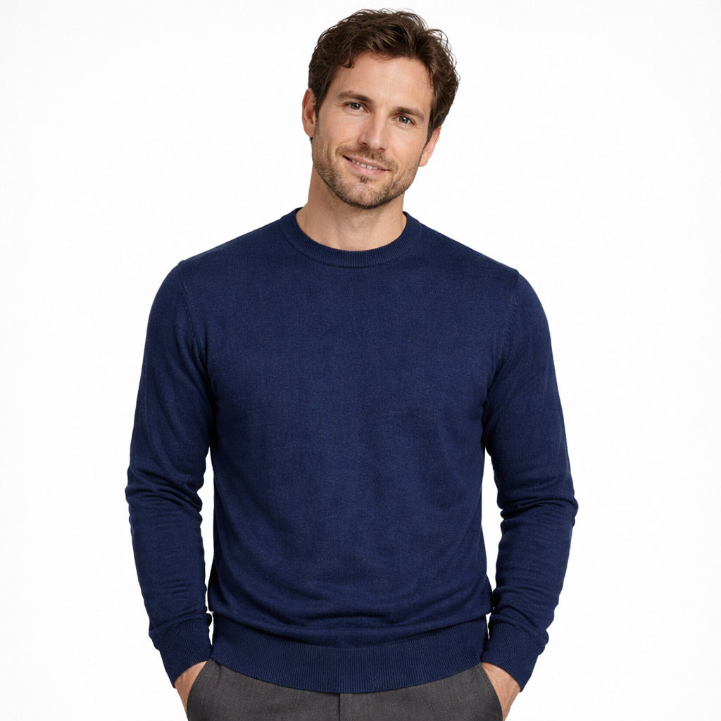 Emilio Romanelli – navy cashmere crewneck sweater – worn by model with grey trousers