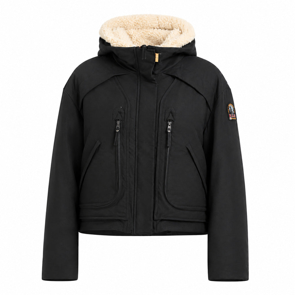 Parajumpers – Mirny black hooded jacket – front packshot with cream-lined hood and pockets