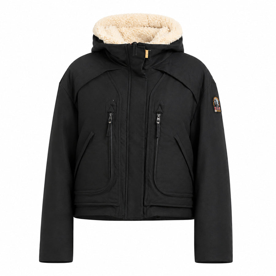 Parajumpers – Mirny black hooded jacket – front packshot with cream-lined hood and pockets