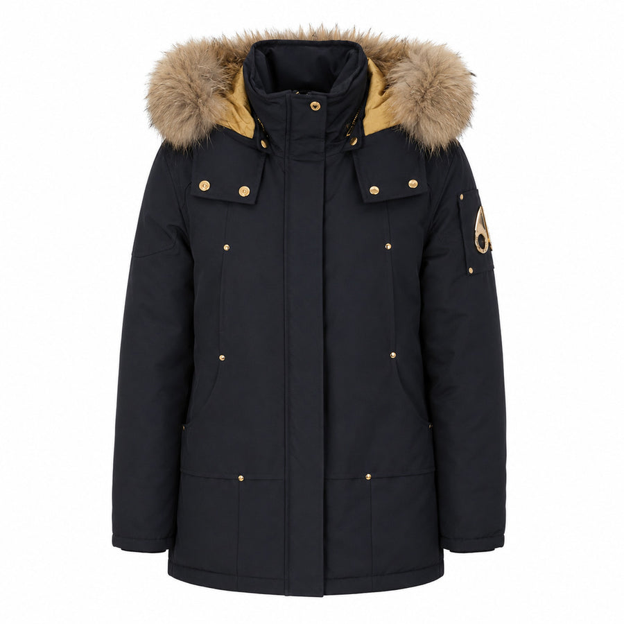 Moose Knuckles – Grand Metis black hooded jacket – front flat lay with tan fur trim