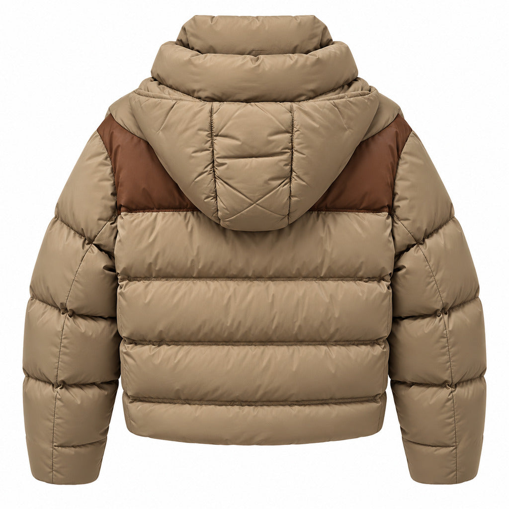 Hogan – Hooded Padded Jacket in Green – rear packshot showing hood and brown shoulder panels