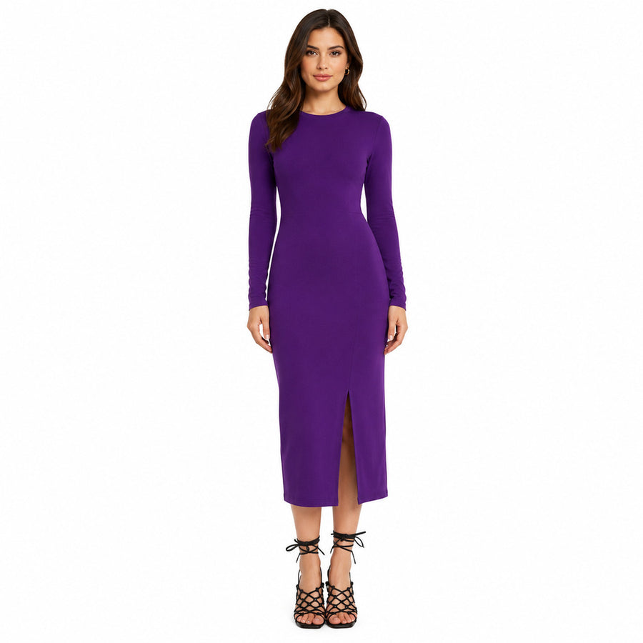 Pinko – Alva fitted purple long-sleeve dress – front view with slit hem