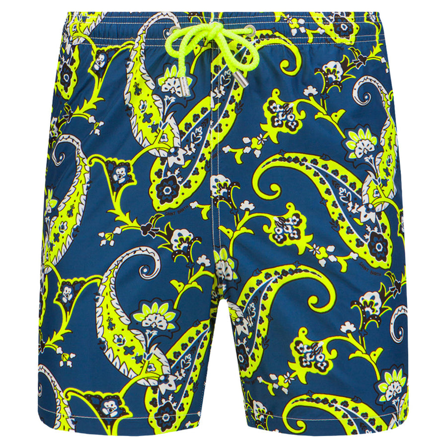 Mc2 Saint Barth – blue patterned swim shorts – flat front view with neon drawstring