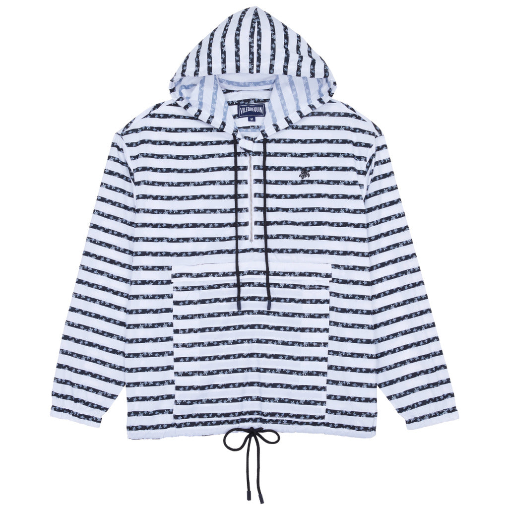 Vilebrequin – Striped Turtle Round Micro white hooded jacket – front flat lay with drawstrings