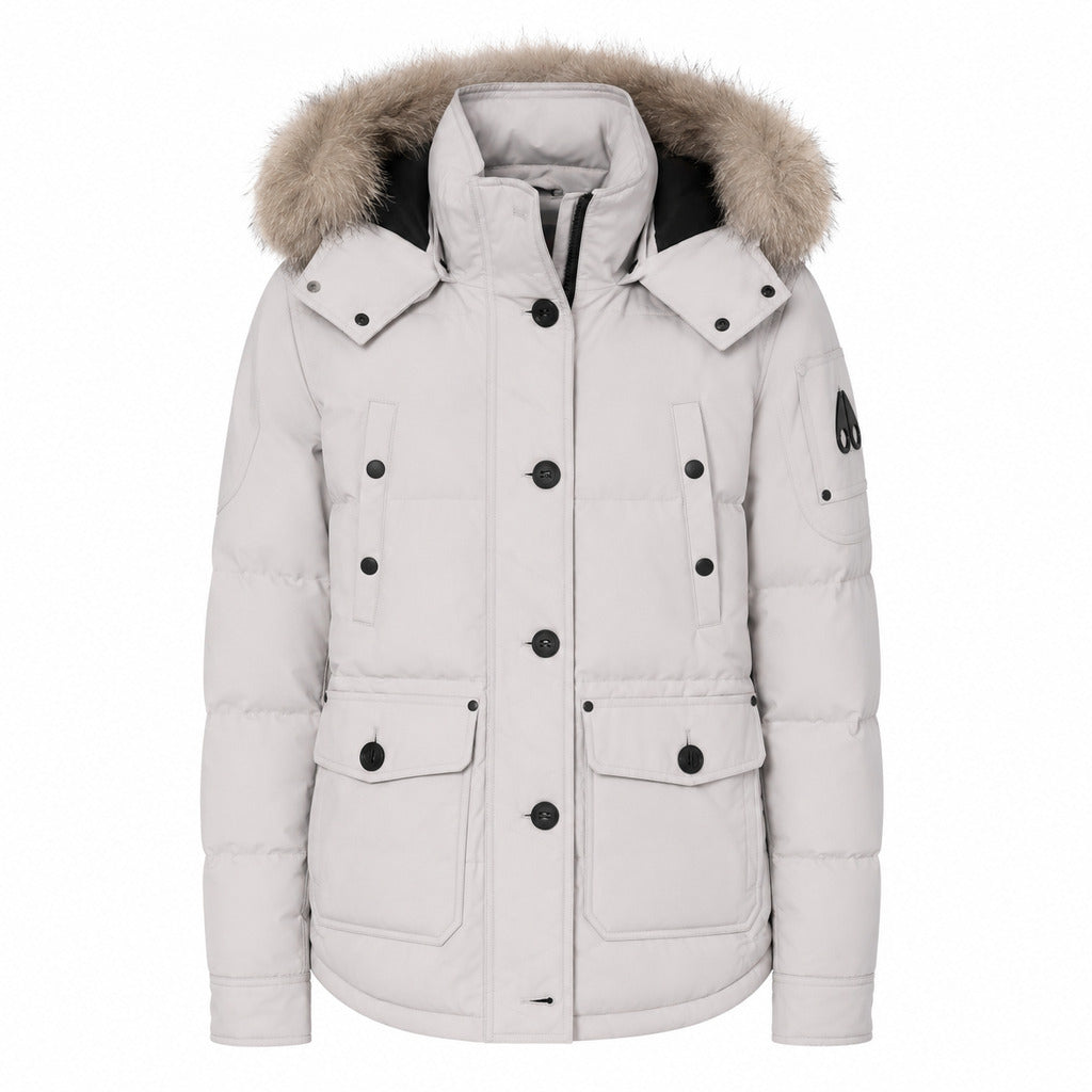 Moose Knuckles – gray Onyx Big Ridge hooded jacket – front flat lay with lighter fur trim