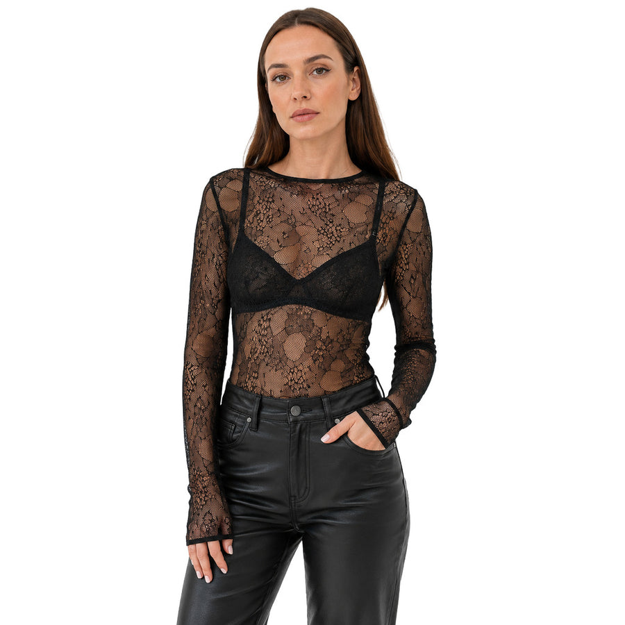 Patrizia Pepe – black sheer lace shirt – front view worn with black trousers