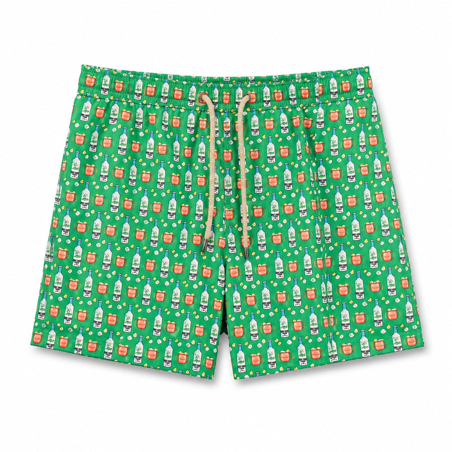 Mc2 Saint Barth – green swim trunks – front view, vodka bottle print and drawstring