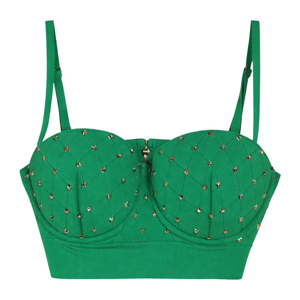 Elisabetta Franchi – green studded bustier top – front packshot with adjustable straps