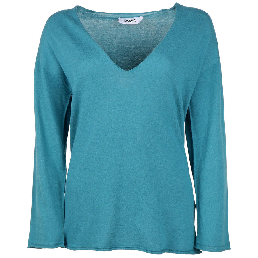 Alpha Studio – V-Neck Sweater in Green – Front view of teal-green sweater with V-neck and long sleeves