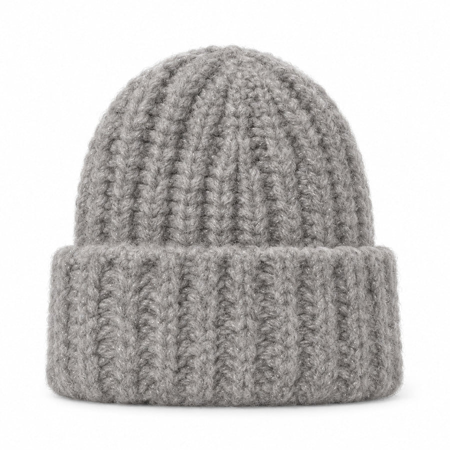 Anna Molinari – Grey wool-blend knitted hat – front-facing packshot showing ribbed crown and folded brim