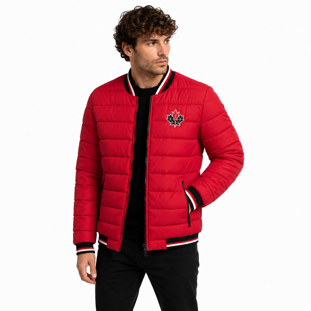 Moose Knuckles – Red Varsity down jacket – Model wearing it, front three-quarter view