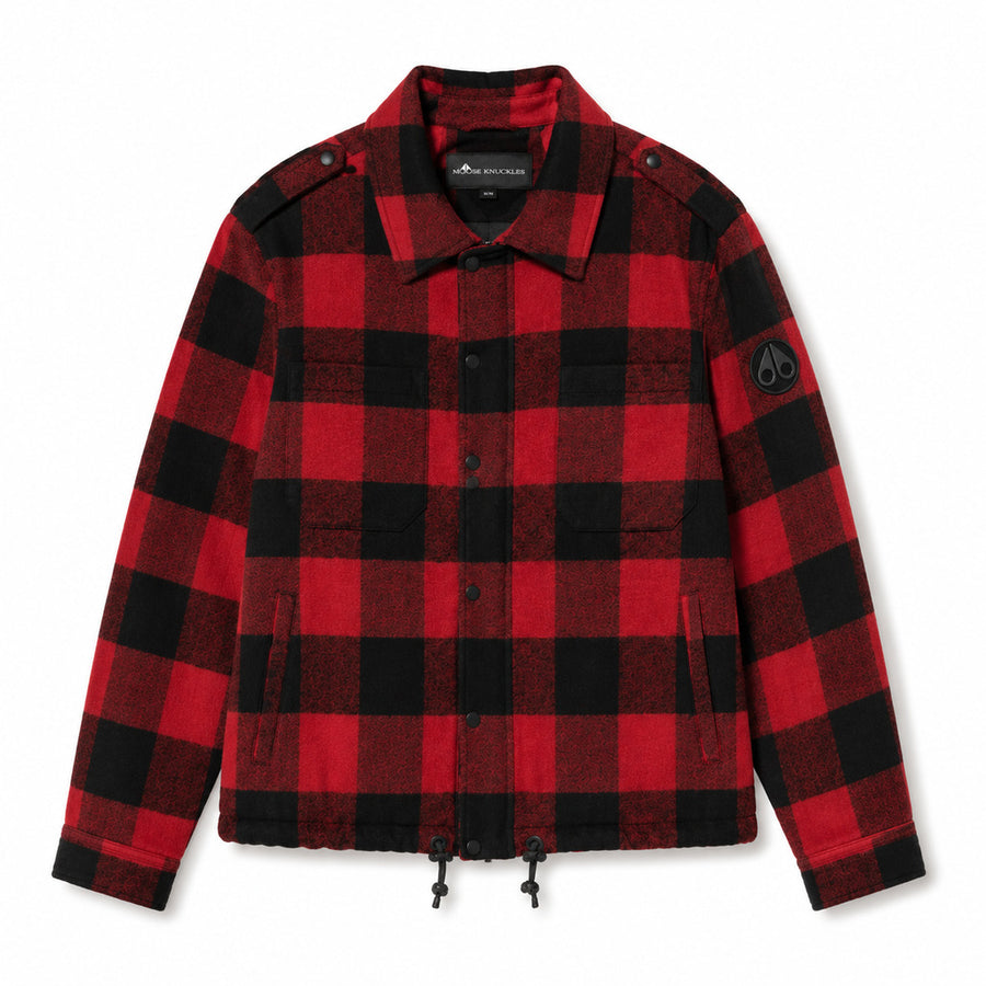 Moose Knuckles – plaid jacket in red and black – front-facing flat-lay view