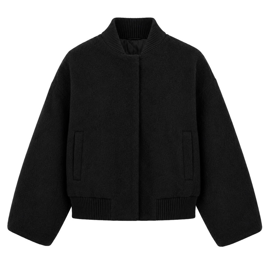 Loro Piana Tessuto – black wool bomber jacket – front view, flat packshot