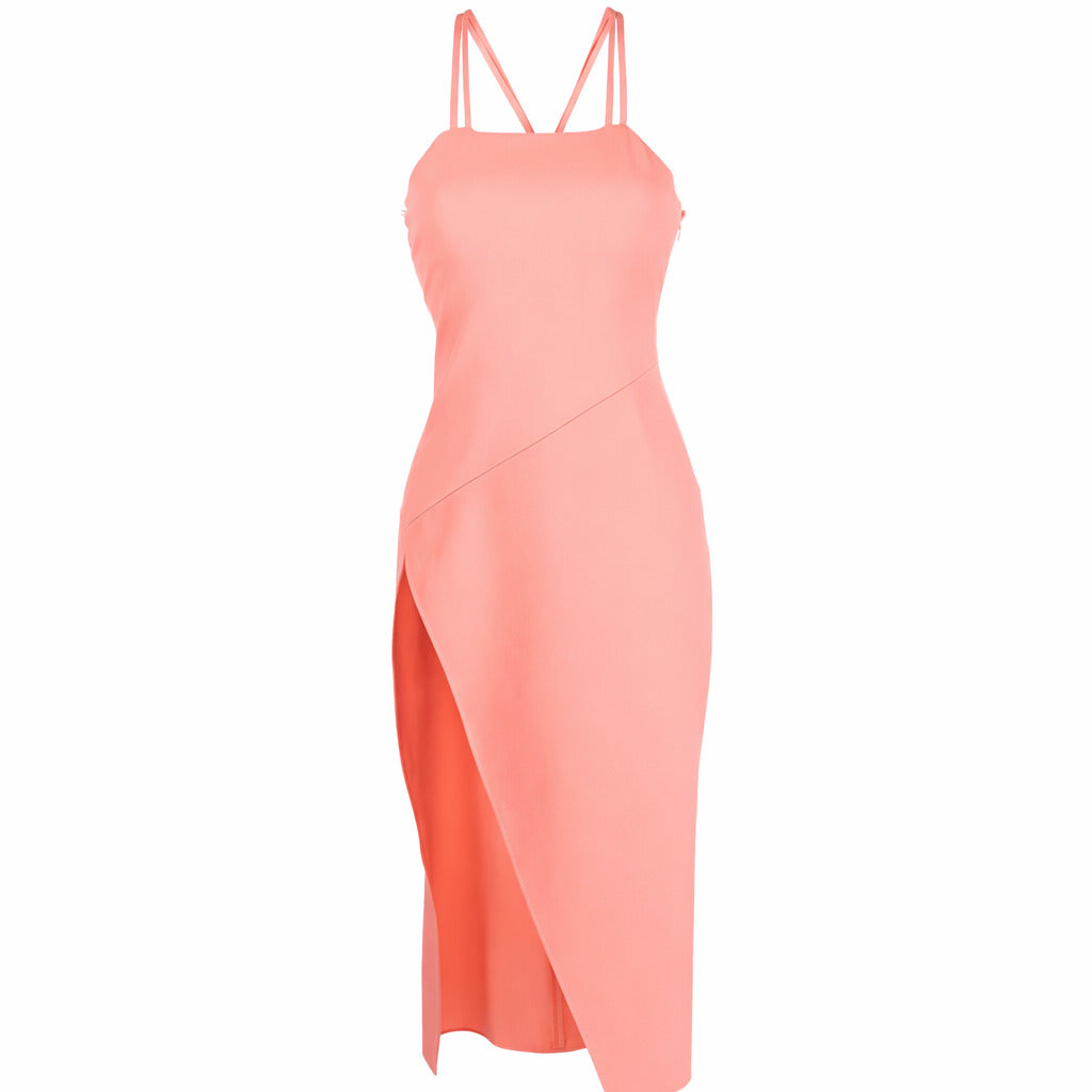 The Attico – salmon pink long dress – front packshot with thin straps and side slit