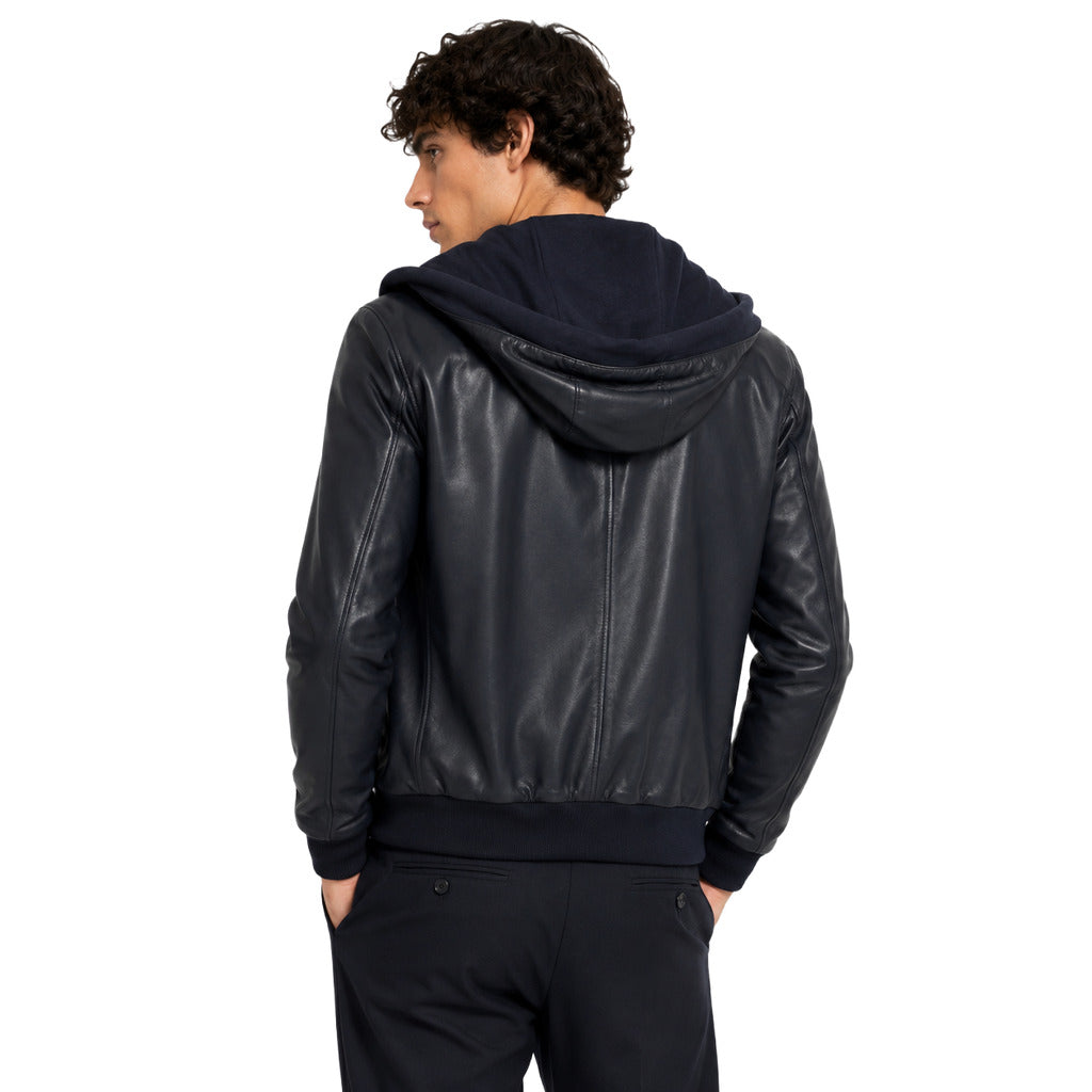 Dolce & Gabbana – blue hooded leather jacket – back view showing hood and ribbed hem