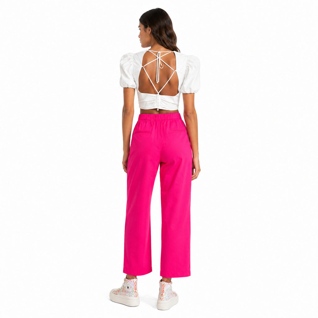 Pinko – fuchsia cotton trousers with wide legs – back view showing waistband and pockets