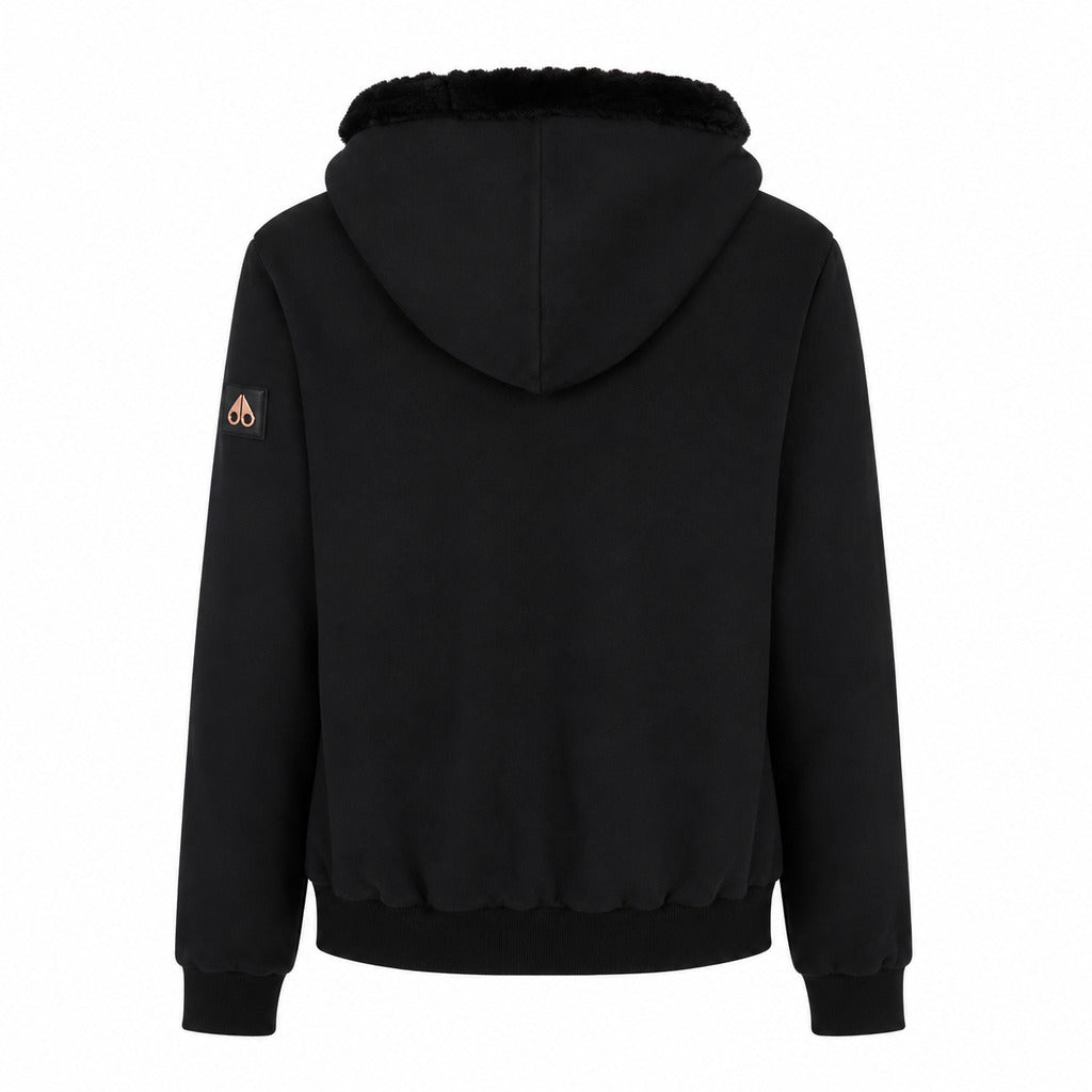Moose Knuckles – black fleece-lined hoodie – back view with hood and sleeve patch