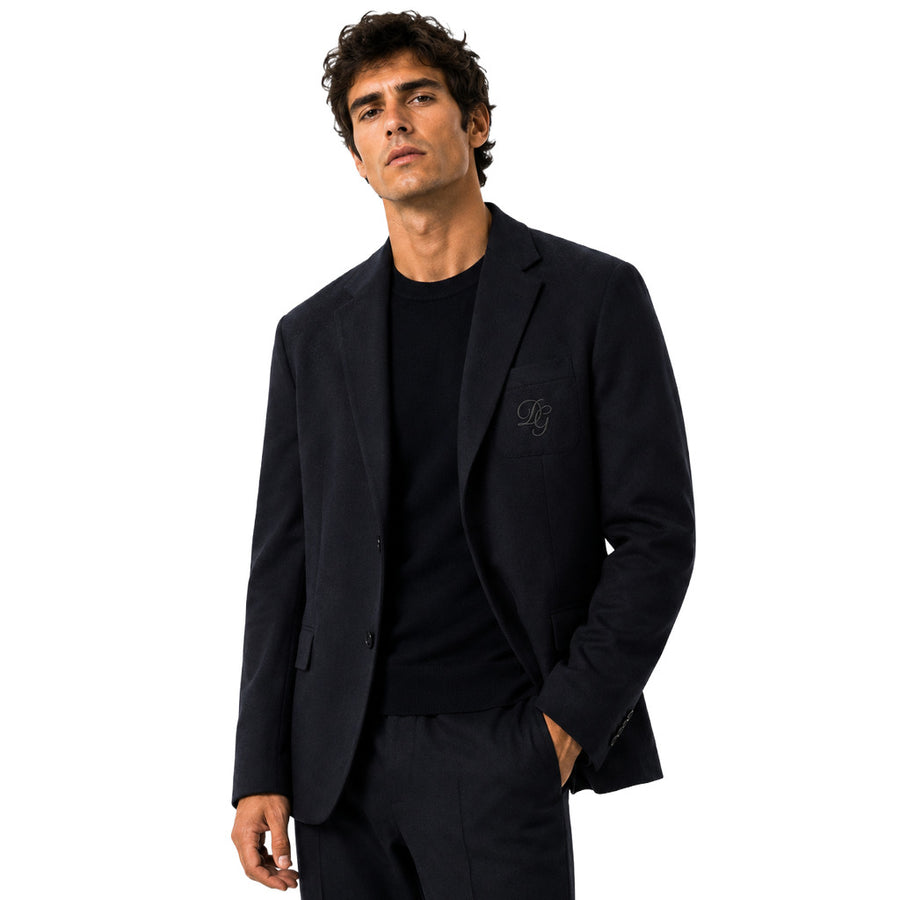 Dolce & Gabbana – blue single-breasted jacket – front view with chest embroidery on model