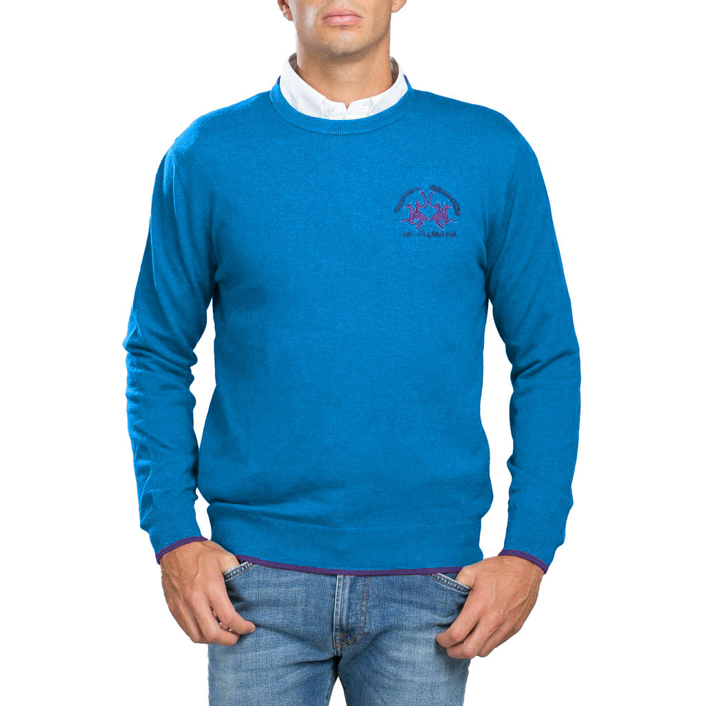 La Martina – Lambswool Crew-Neck Sweater – blue front view worn over white shirt