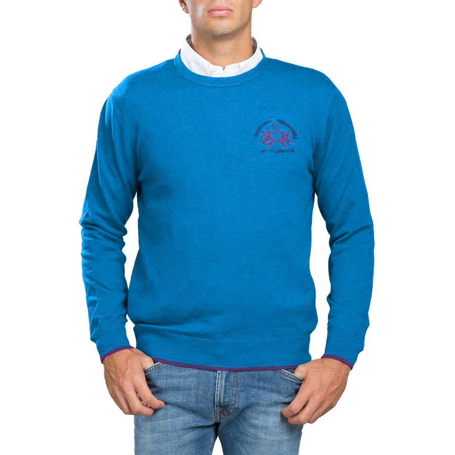 La Martina – Lambswool Crew-Neck Sweater – blue front view worn over white shirt