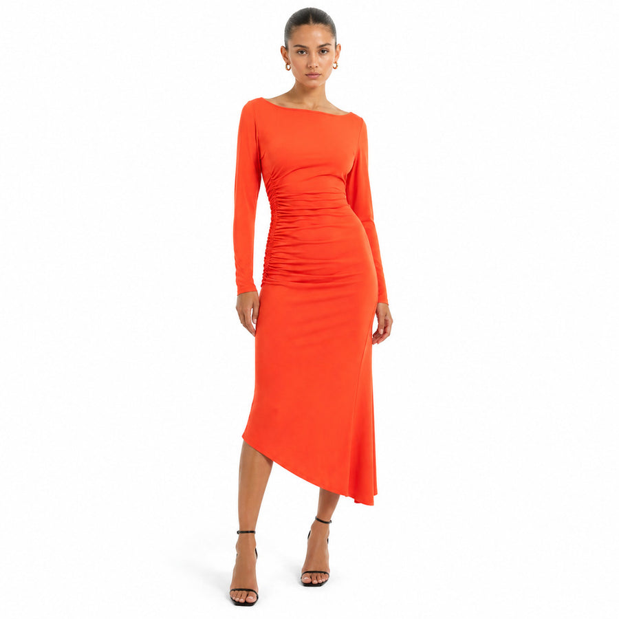 Patrizia Pepe – orange long-sleeved asymmetric dress – front view with ruched waist