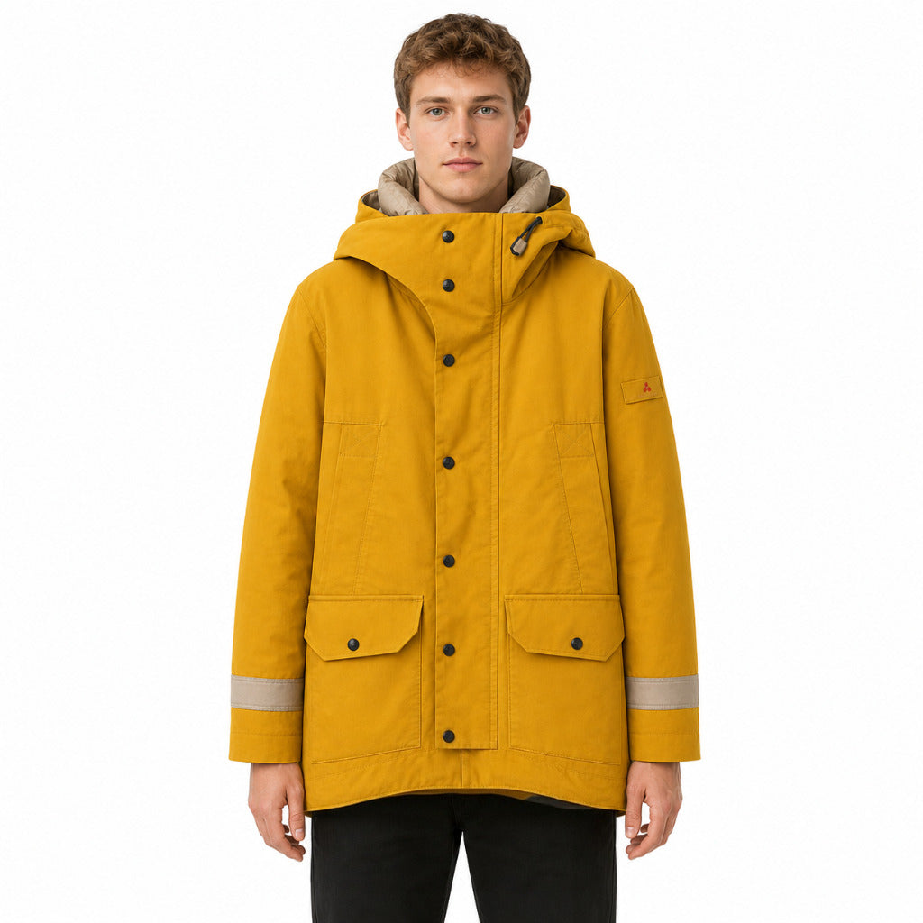 Peuterey – yellow hooded jacket – front view worn by a male model